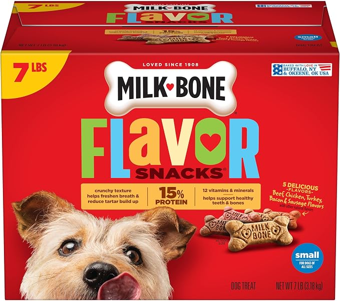 Milk-Bone Flavor Snacks Small Dog Biscuits, 7 lb Box | 5 meaty flavors with other natural flavors, crunchy small dog treats, 15% protein, 12 vitamins & minerals, made in the USA