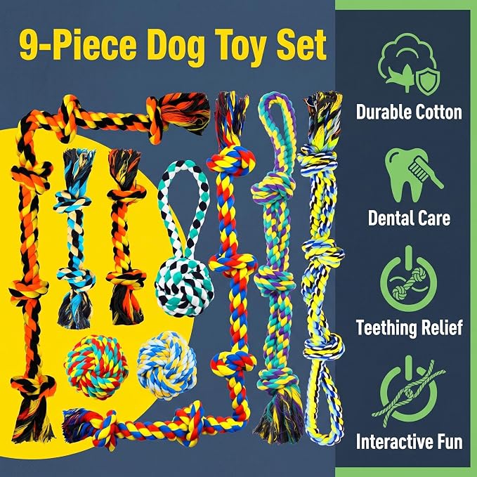 Speedy Panther 9 Pack Large Dog Rope Toys for Aggressive Chewers, 5 Knots Indestructible Chew Toy Kit for Medium Large Dogs, Puppy Teething Tug Toy, Colourful Cotton Dog Rope Toys