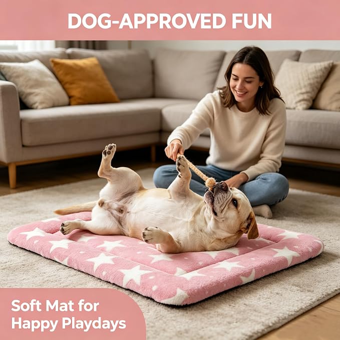 Dog Bed Mat,Reversible & Ultra Soft Kennel Pad-Machine Washable Pet Bed for Dogs & Cats-All-Weather Crate Liner for Crates,Carriers & Travel (Big Star&Pink, 30.0" L x 20.0" W x 1.5" Th)