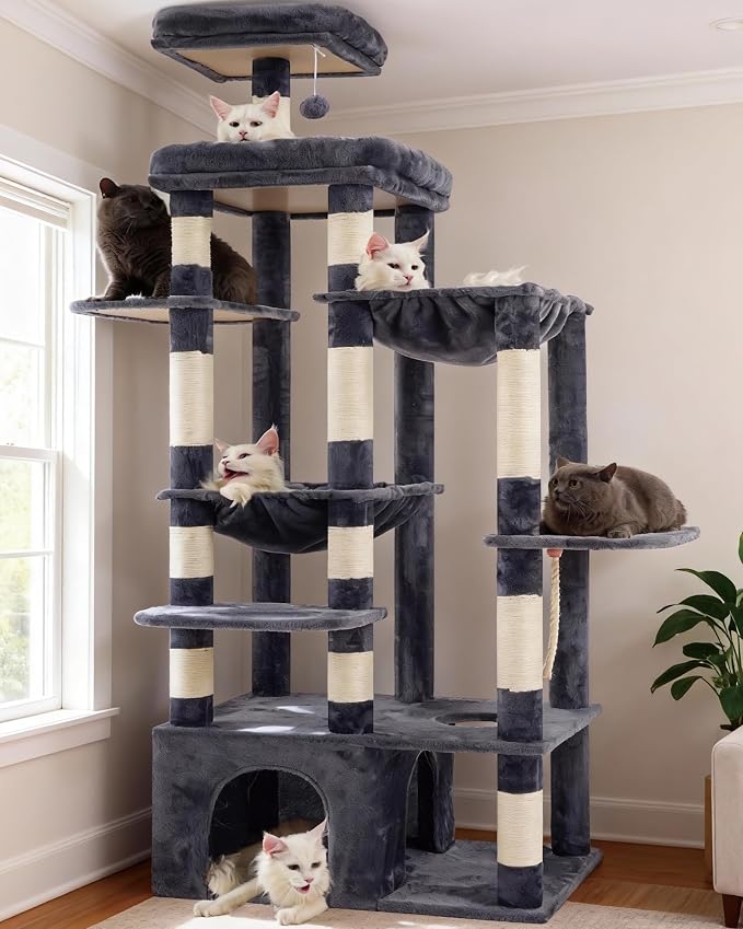 Heybly Cat Tree, 71-Inch Tall Cat Tower for Large Maine Coon Cats HCT037G | Cat Condo Furniture with Extra-Large Baseboard, Multi-Level Platforms, 2 Hammocks and 12 Scratching Posts, Smoky Gray