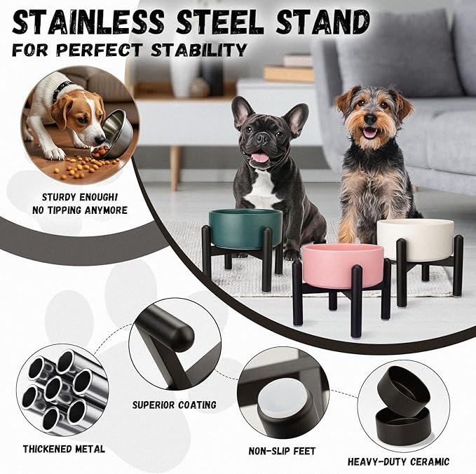 Raised Ceramic Dog Bowl, 6.1'' Modern Feeding Bowl with Non-Slip Stainless Steel Stand, Elevated Food or Water Dish for Small to Medium Dogs, 2 Cups (28.75 fl oz) - Green