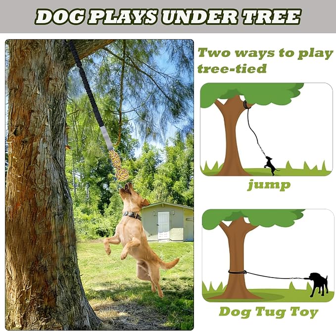 Dog Bungee Tug Toy with Steel Stake & 2 Chew Balls, 6.8ft Stretch Rope tug Toy - Tether Tug for Large/Medium/Small Dogs - Outdoor/Outside Dog Tug of War Toy (Lawn/Tree Use)