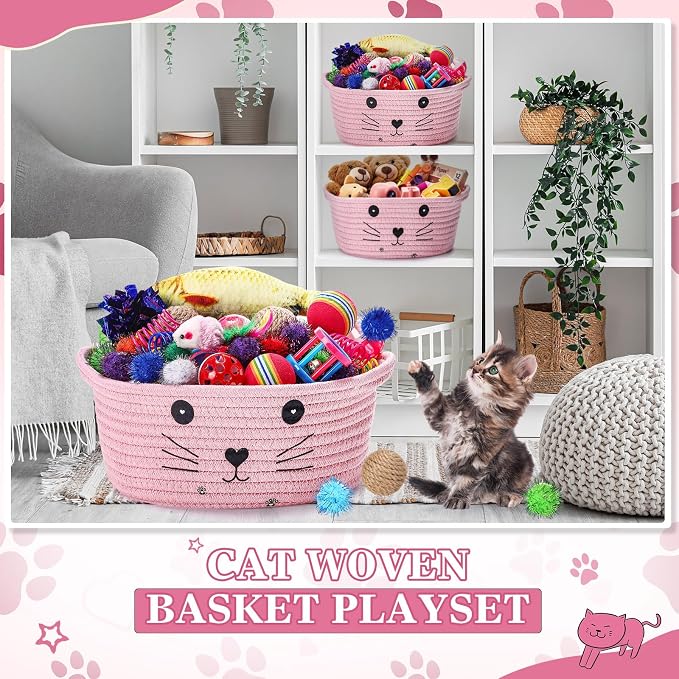 Zopeal 58 Pcs Summer Cat Storage Basket Gift Toys Set, Colorful Flashing Balls Pet Bell Crinkle Balls Spring Toys Attract Cat to Swat, Hunt, Interactive for Pet(Pink,9.8 Inch)