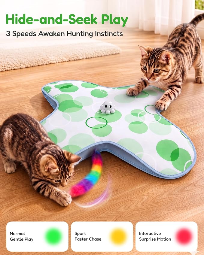 PetsBusy Automatic Hide &Seek Interactive Cat Toys for Indoor Cats,[Week-Long Big Battery] Rechargeable Smart Touch-Activated Kitten Toy with Moving Rainbow Tail for Bored Adult Cats,