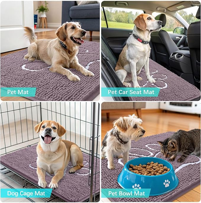 OLANLY Dog Door Mat for Muddy Paws 36x24, Paw Print Design Chenille Mud Mat | Deep Plum, Absorbent, Traps Moisture and Dirt, Non-Slip Washable Doormat, Quick-Drying Indoor Entryway Floor Carpet for Dogs
