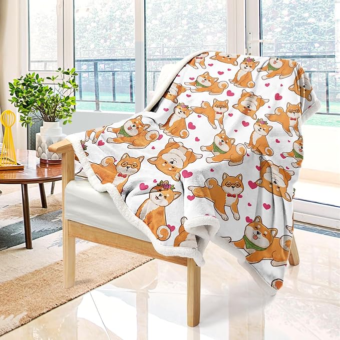 BlessLiving Cute Watercolor Dogs Pattern Fleece Blanket Shiba Inu Puppy Sherpa Reversible Throw Animal Print Plush Blanket (Queen, 90 x 90 Inches)