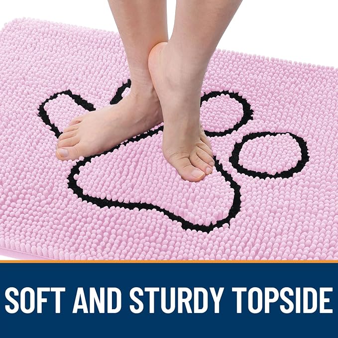 OLANLY Dog Door Mat for Muddy Paws 30x20, Paw Print Design Chenille Mud Mat | Pink, Super Absorbent, Traps Moisture and Dirt, Non-Slip Washable Doormat, Quick-Drying Indoor Entryway Floor Carpet for Dogs
