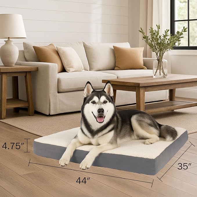 Orthopedic Dog Bed - 2-Layer 44x35-Inch Memory Foam Pet Mattress with Machine-Washable Sherpa Cover for Large Dogs up to 100lbs by PETMAKER (Gray)
