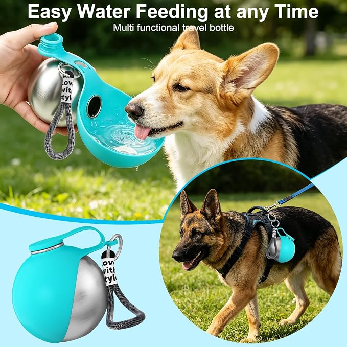 2 in 1 Dog Water Bottle with Bowl, 10oz Stainless Steel Travel Pet Water Dispenser, No-Spill Leak-Proof Design with Silicone Bowl, Compact Pet Drinking Bowl for Puppies Outdoor (Blue)