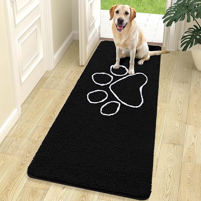 OLANLY Dog Door Mat for Muddy Paws 70x24, Paw Print Design Chenille Mud Mat | Black, Absorbent, Traps Moisture and Dirt, Non-Slip Washable Doormat, Quick-Drying Indoor Entryway Floor Carpet for Dogs