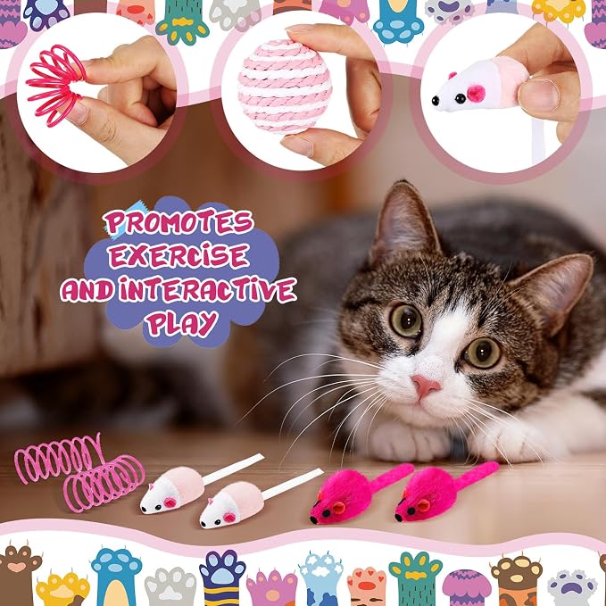 Gemscream 46 Pcs Cat Toys Set Interactive Cute Cat Toys Include Fur Mice Rattle Springs Crinkle Balls Pompom Bell Sisal Ball Puzzle Chase Toys for Kitten Indoor Stuff Gift(Pink)