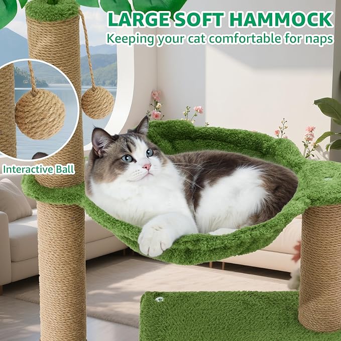 WOOCHPET Palm Tree Cat Tree 37 Inch Scratching Post Tower Tropical Jungle Playground with Natural Jute Sisal Rope Cozy Plush Hammock Private Cave Condo Toy Mouse Stable Faux Grass Base