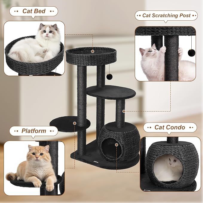 Modern Cat Tree, 39" Tall Cat Trees for Indoor Cats, Cat Condo Natural Sisal with Scratching Posts, Hand-Woven Tower & Top Perch, Cat-Tree for Kittens Climb Play & Rest Black