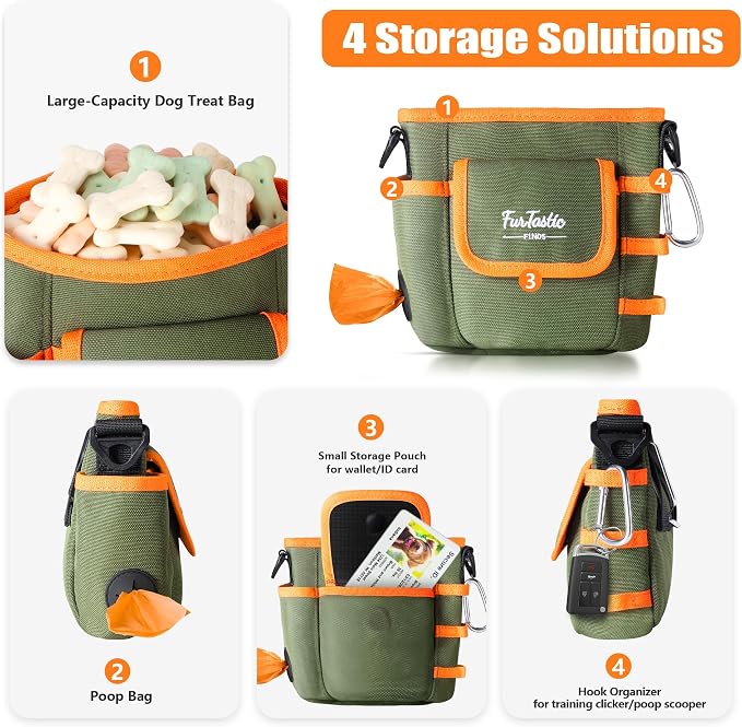 Dog Treat Pouch with Magnetic Closure for Pet Training | 3-Way Wear Treat Bag, 900D Waterproof Fabric, 4 Storage Spaces for Walking, Hiking, Agility, Training & Daily Rewards