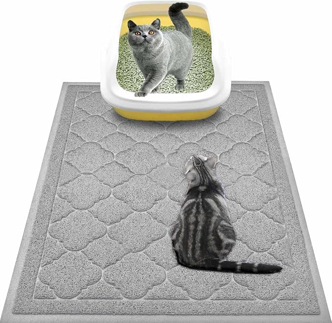 Cat Litter Box Mat, Kitty Premium PVC Pad, Durable Trapping Rug, Phthalate Free, Urine-Resistant, Scatter Control, L 35 x 23 Inch, Cadet Grey