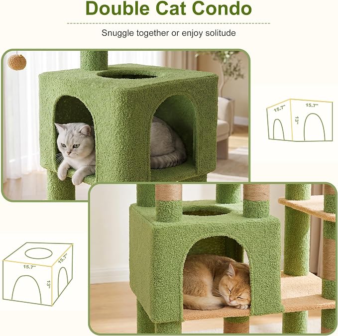 Heybly Cat Tree, 76-Inch Tall Heavy Duty Cat Tower for Big Cats HCT039GY | Multi-Level Large Cat Furniture with Extra Wide Baseboard, 2 Condos & 2 Hammocks, 10 Scratching Posts, Green and Yellow