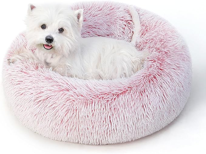 Calming Round Dog Bed & Cat Bed for Indoor Cats, Medium Size Washable Anti-Slip Anti-Anxiety Donut Dog Beds for Small Dogs & Cats, Fluffy Plush Soft Dog Bed(20 Inch, Pink)