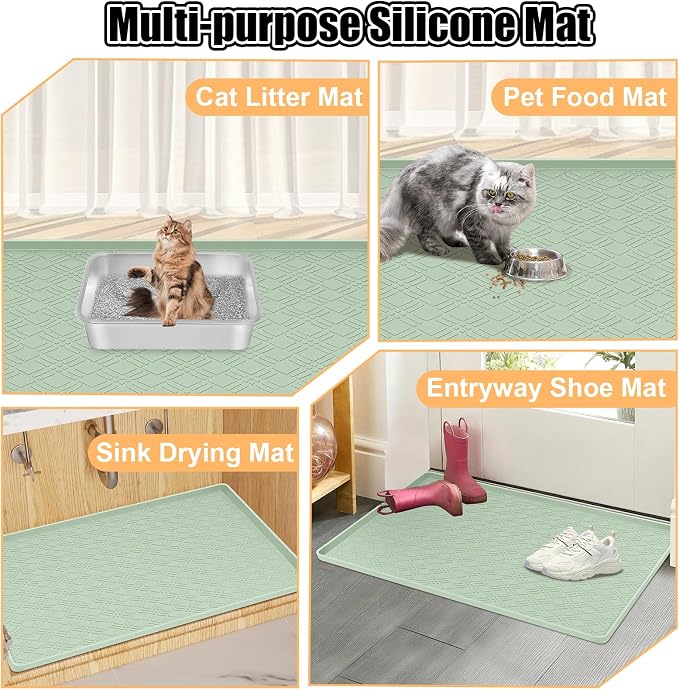 Silicone Cat Litter Mat 42" x 29" Cat Mat for Litter Box, Green | Extra Large Cat Litter Trapping Mat for Floor, Waterproof, Non-Slip Kitty Litter Box Mat with Raised Edge, Easy to Clean
