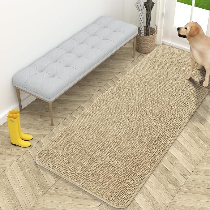 OLANLY Dog Door Mat for Muddy Paws 59x24, Super Absorbent Chenille Mud Mat | Beige, Absorbs Moisture and Dirt, Non-Slip Machine Washable Doormat, Quick-Drying Indoor Entryway Floor Carpet for Dogs