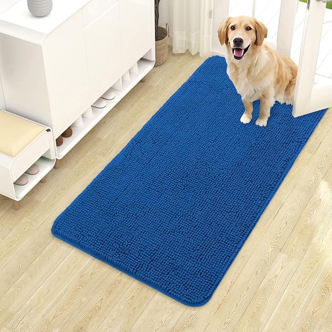 OLANLY Dog Door Mat for Muddy Paws 40x24, Super Absorbent Chenille Mud Mat | Deep Navy Blue, Absorbs Moisture and Dirt, Non-Slip Machine Washable Doormat, Quick-Dry Indoor Entryway Floor Carpet for Dogs