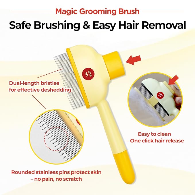 JAYU PET Magic Grooming Brush – Cat Brush for Shedding, Dual-Length Stainless Steel Bristles, One-Click Self-Cleaning, Vertical Deshedding Comb, Professional Pet Grooming Tool