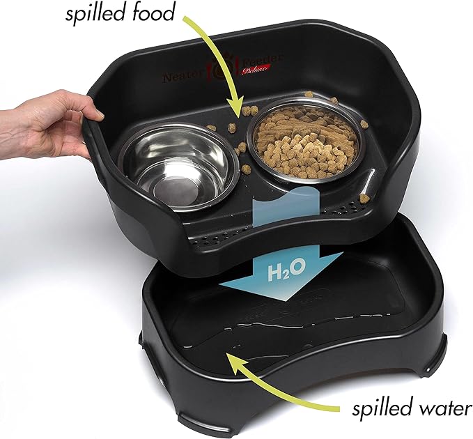 Neater Feeder Deluxe Mess-Proof Elevated Dog Bowls for Large Dogs (40+ lbs), 2 Height Adjustable (14.5” & 17.5”) No-Spill Raised Dog Bowl Stand, Stainless Steel Food Bowl Set, Made in USA, Black