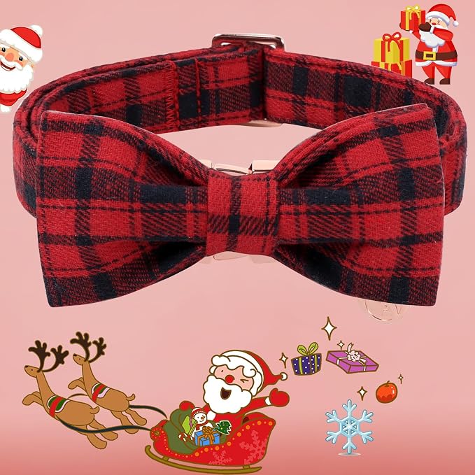 DOGWONG Christmas Dog Collar with Bow Tie, Red Plaid Dog Collar Durable Metal Buckle Adjustable Soft & Cute Red Gingham Dogs Collars for Small Medium Large Dogs, S