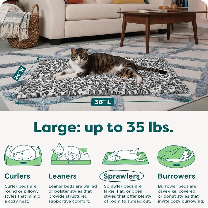 Furhaven ThermaNAP Self-Warming Cat Bed for Indoor Cats & Large/Medium Dogs, Washable & Reflects Body Heat - Quilted Faux Fur Reflective Bed Mat - Snow Leopard, Large