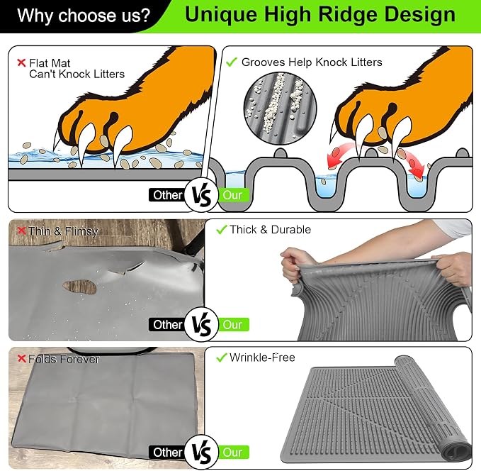 Mofason Cat Litter Mat Litter Trapping Mat XXL Grey Silicone Litter Box Mat | Waterproof 38"x25" kitty litter mat for floor; extra large litter trapping, litter matt for cat litterbox easy clean pet mat