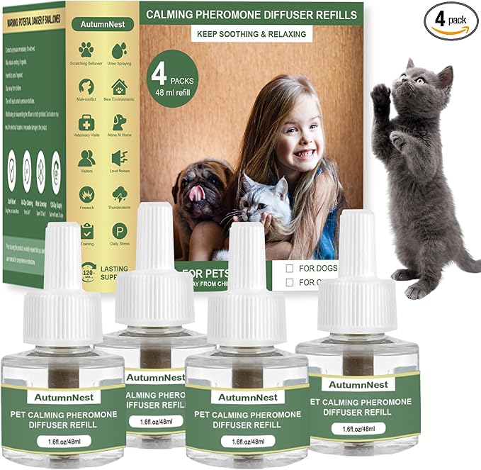Cat Calming Pheromone Diffuser Refills, 4 Pack Cat Calming Refills | Helps Relieve Cat Anxiety, Reduce Stress, Aggression, Fighting, Spraying, Scratching, Vet Visits, Travel, Multi-Cat Homes