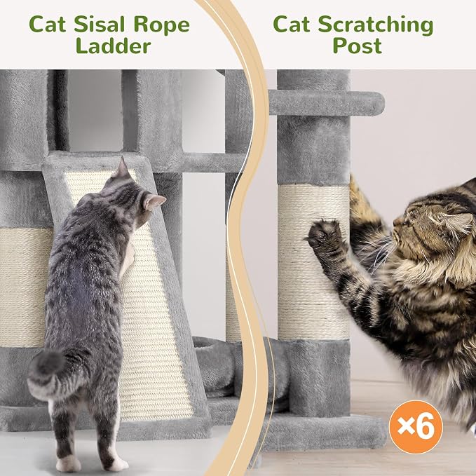 Globlazer Heavy Duty Cat Trees for Large Cats, Sturdy 72in Maine Coon Cat Tree for Large Cats 20 lbs+ Heavy Duty Cat Tower for Adult Biggest Cat with 6 Scratching Posts, Hammock, S72, Light Grey