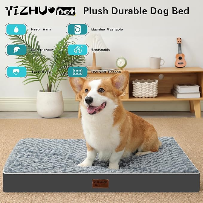 Orthopedic Rose Plush Cover Dog Bed,Small M Sized Dog 30''X20''x3'' Soft Waterproof Egg Foam Pet Crate Beds Mat or Kennel Pads with Removable Washable Cover,Non-Slip Bottom,Grey
