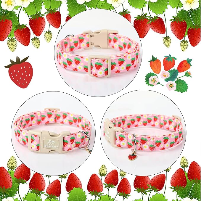 Cute Spring/Summer Dog Collar, Adjustable Pink Strawberry Dog Collars for Small Dogs, Lightweight Quick-Release Buckle Collar for Boy&Girl Dogs S