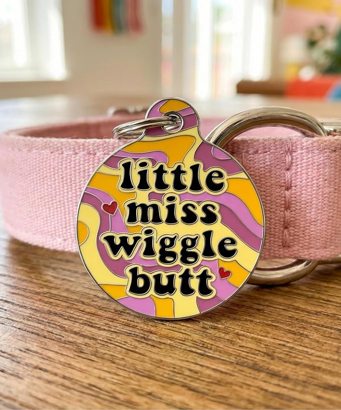 Bad Tags Personalized Dog and Cat ID Tags in 25+ Designs and 2 Sizes - 5 Lines of Custom Engraved Text - Funny Cute Personalized Pet Tags (Little Miss Wiggle Butt, Small (1 inch))