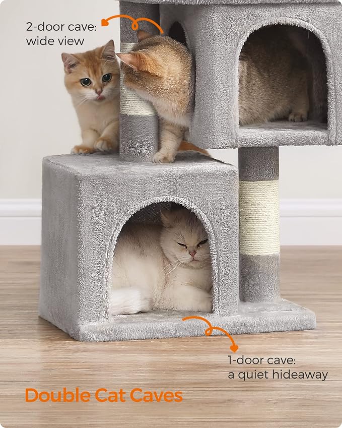 Feandrea Cat Tree, 26.4-Inch Cat Tower, Plush Condo for Kittens up to 7 lb, Large Perch, 2 Caves, Scratching Post, Light Gray UPCT611W01