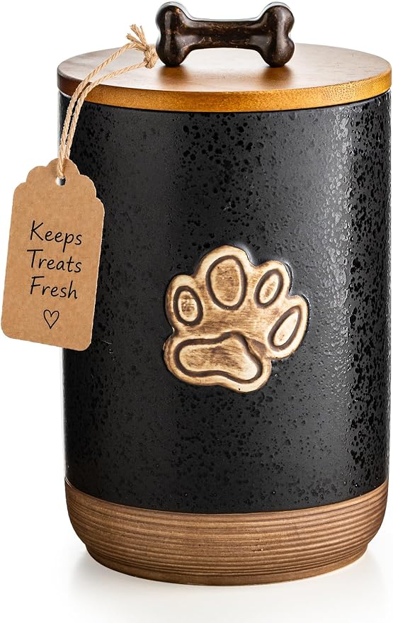 Miamolo Dog Treat Storage Container, Ceramic Dog Treat Jar with Airtight Lid, Puppy Treats Food Canister for Kitchen Counter Farmhouse Decor, Gift Doggie Snack Jar for Counter, Paw Glinting Black
