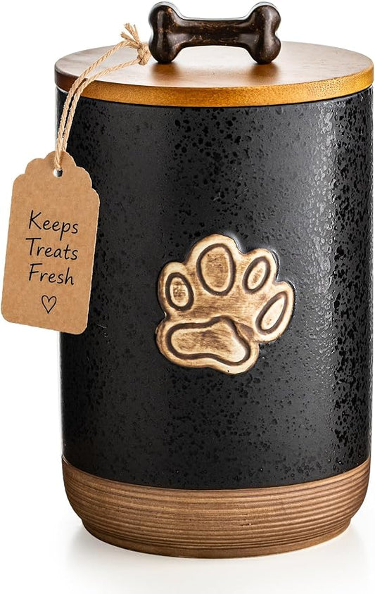 Miamolo Dog Treat Storage Container, Ceramic Dog Treat Jar with Airtight Lid, Puppy Treats Food Canister for Kitchen Counter Farmhouse Decor, Gift Doggie Snack Jar for Counter, Paw Glinting Black