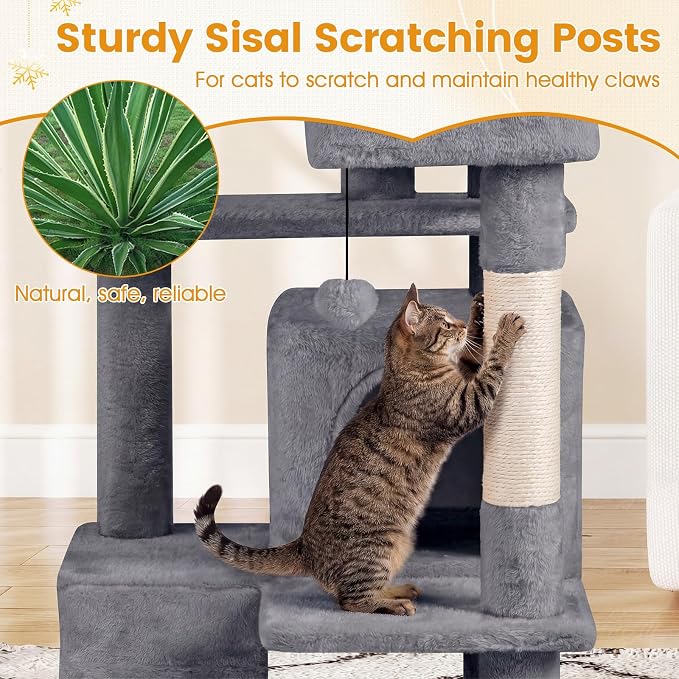 52-inch Cat Tree, Multi-Level Cat Tower with Sisal Scratching Posts, 2 Comfy Condos, Plush Padded Soft Top Perch, Dangling Balls, and Climbing Ladder, Ideal for Indoor Cats (Light Grey)