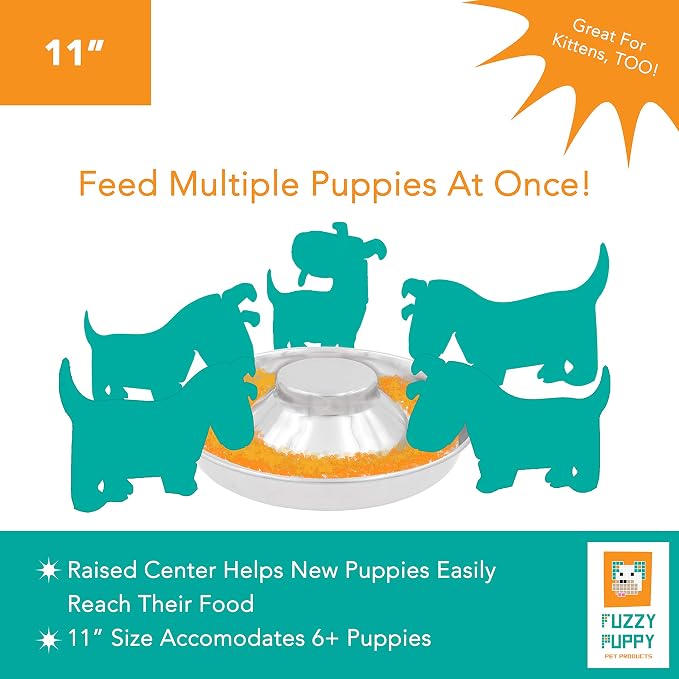 Fuzzy Puppy Feeding Bowls for Litters of Puppies: Welping Dishes for Weaning Puppies & Kittens, Wide Non-Tip Base Puppy Feeder, Also a Great Adult Dog Bowl Slow Feeder | Stainless Steel, 11" (PS-11)