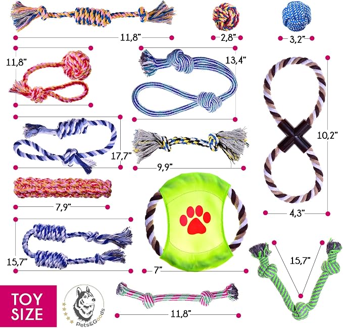 Pets&Goods Rope Chew Toys – 13-Pack Durable Cotton Tug & Teething Set for Puppies & Small Dogs – Washable Rope Toys for Chewing, Fetch & Play