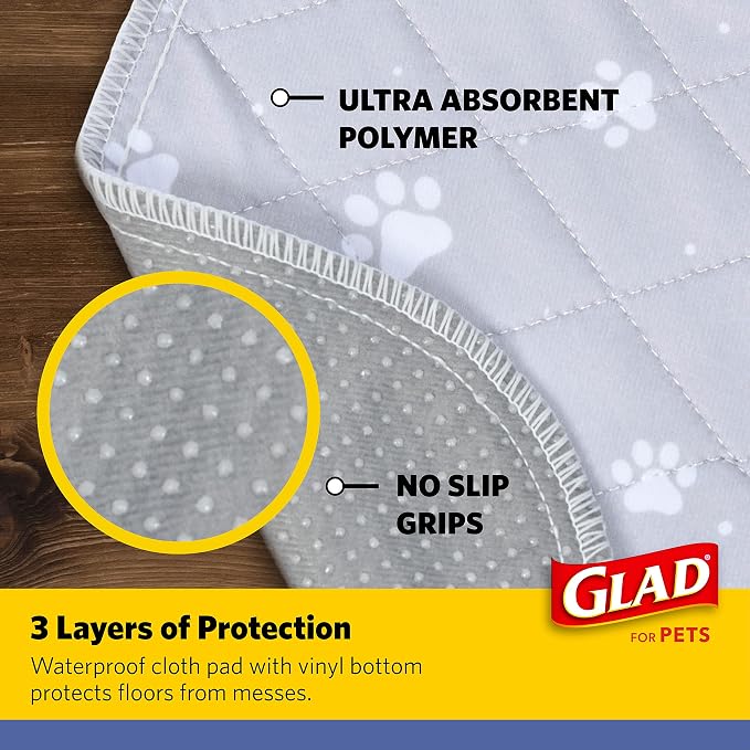 Glad for Pets Washable Dog Training Pads, Small, 18 x 24, 2 Count | 3-layer leak protection, no-slip vinyl bottom, gray with paw prints, reusable for puppies and adult dogs