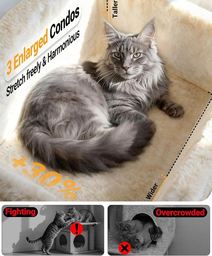 Eco-Wood Cat Tree Tower,【Top Heavy Duty】 Cat Tower for All Indoor Cats | 54” Super Sturdy Cat Tower Bed with 6 Scratching Posts, Scratch rope, Scratcher, 3 Enlarged Cat Condos, Jumping Perches