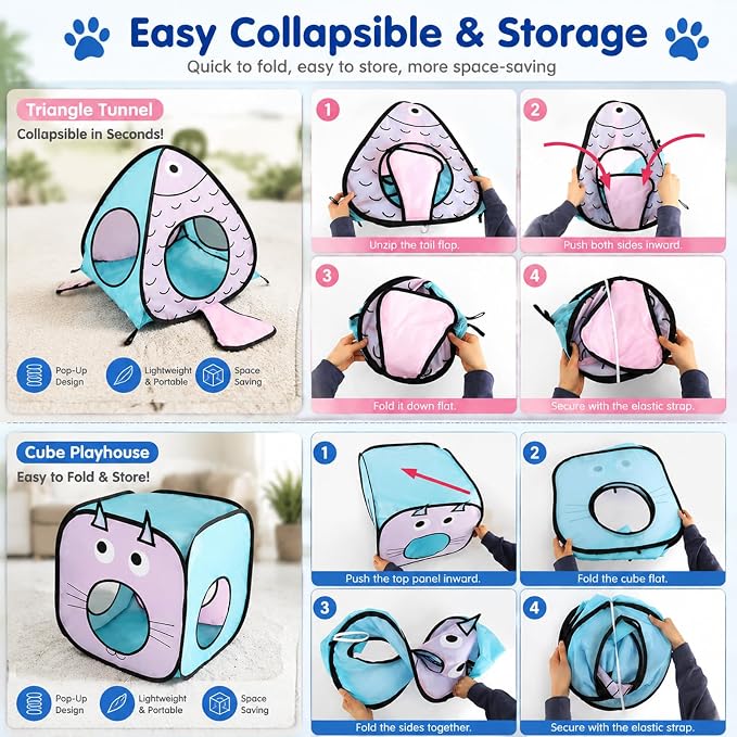 Rypet Cat Toy Tunnel and Cubes Bundle - Interactive Crinkle Collapsible Cat Tube and Foldable Cubes Playground for Kitty, Rabbit, Puppy, Ferret Hiding Hunting and Resting