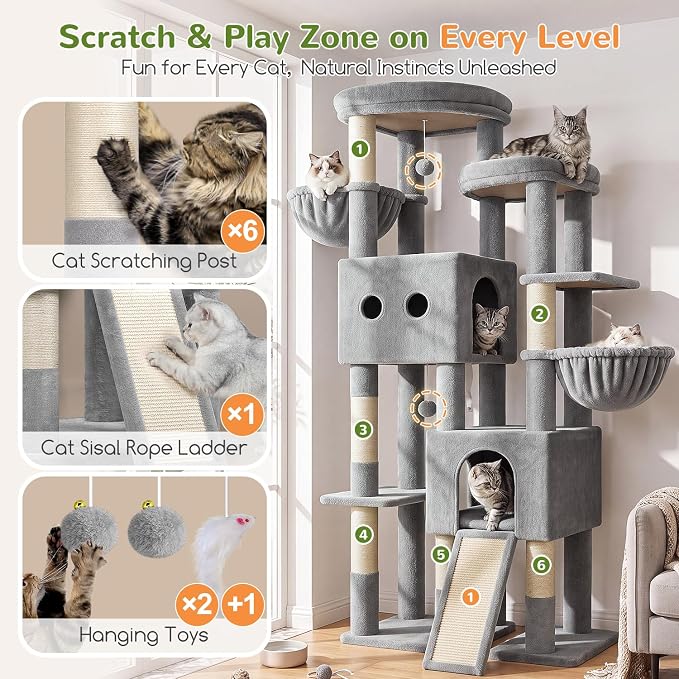 Globlazer Sturdy Cat Tower for Indoor Cats 20lbs, 76in, S76E, Light Grey | Heavy Duty Cat Tree for Adult Big Cats Maine Coon with Scratching Post, 2 Extra Large Top Perch, 2 Padded Cat Condos