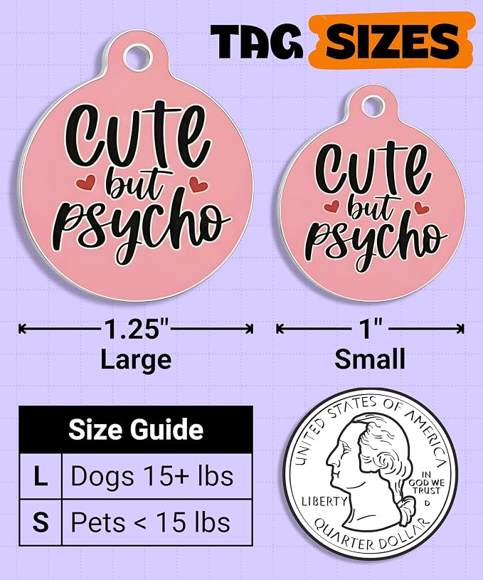 Bad Tags Personalized Dog and Cat ID Tags in 25+ Designs and 2 Sizes - 5 Lines of Custom Engraved Text - Funny Cute Personalized Pet Tags (Cute But Psycho, Small (1 inch))