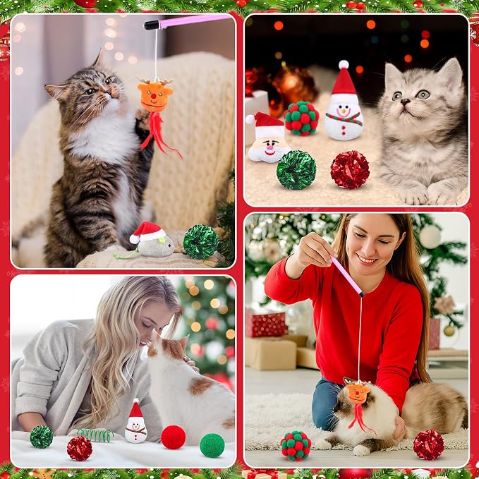 Soulchen 11pcs Christmas Cat Toys Stocking Gift Holiday Catnip Interactive Cats Toy Gift Set with Cat Teasers, Santa, Snowman, Plush Balls, Crinkle Mice, Variety Pack for Cats Pet Stocking Present