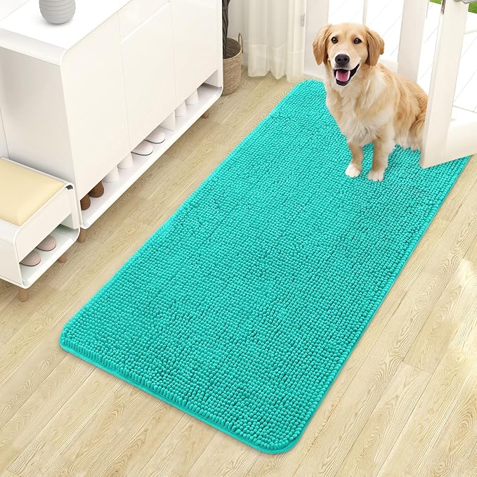 OLANLY Dog Door Mat for Muddy Paws 44x24, Super Absorbent Chenille Mud Mat | Teal, Absorbs Moisture and Dirt, Non-Slip Machine Washable Doormat, Quick-Drying Indoor Entryway Floor Carpet for Dogs