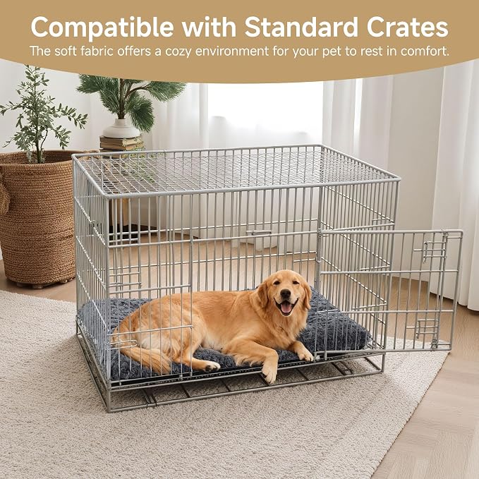 Exsnugy Washable Dog Bed Mat Large Size Fluffy Pet Crate Pad 53x36 XXL | Non-Slip Bottom Kennel Beds Ultra Soft Comfy Sleeping Mattress for Large Medium Small Dogs Gray