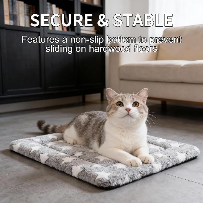 Dog Crate Mat, 4 Piece Reversible Pet Bed, Polyester, Machine Washable, Small Dogs & Cats, Rectangular (Gray Star, 18" L x 14" W x 1.5Th)