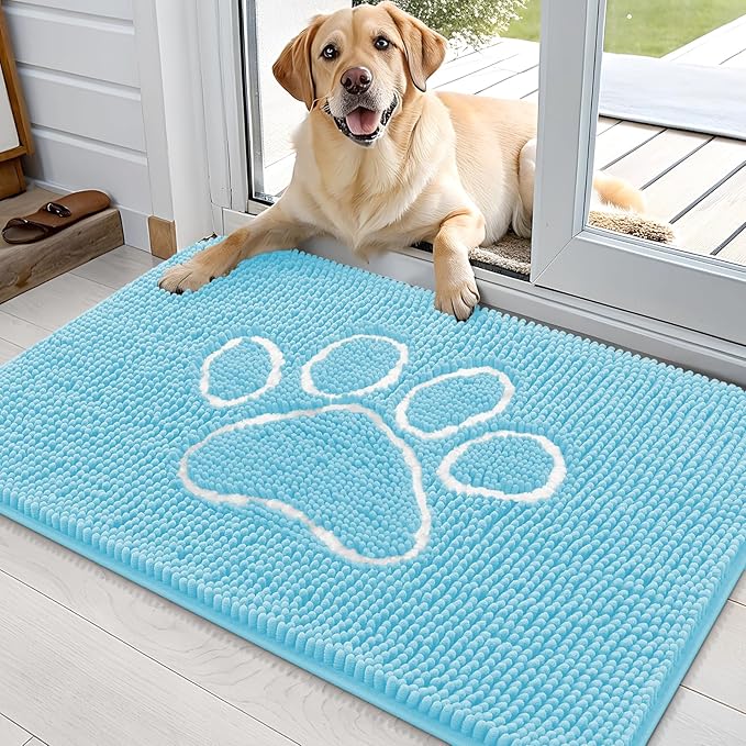 OLANLY Dog Door Mat for Muddy Paws 36x24, Paw Print Design Chenille Mud Mat | Blue, Super Absorbent, Traps Moisture and Dirt, Non-Slip Washable Doormat, Quick-Drying Indoor Entryway Floor Carpet for Dogs